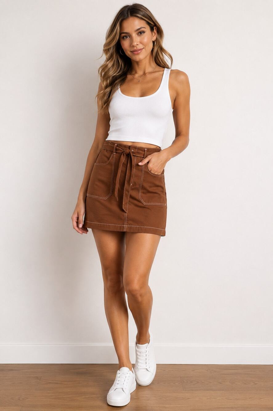 Wild Fable Brown Contrast Stitch Paperbag Utility Mini Skirt Cotton Size 8
